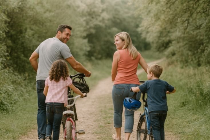 Familia disfrutando de paseo en bicis por Asturias desde Casa Caro