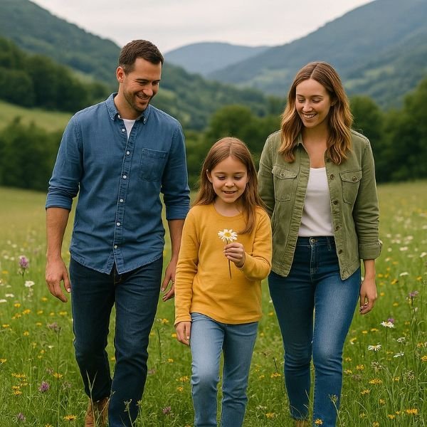 Familia disfrutando de la primavera en la montaña asturiana desde Casa Caro